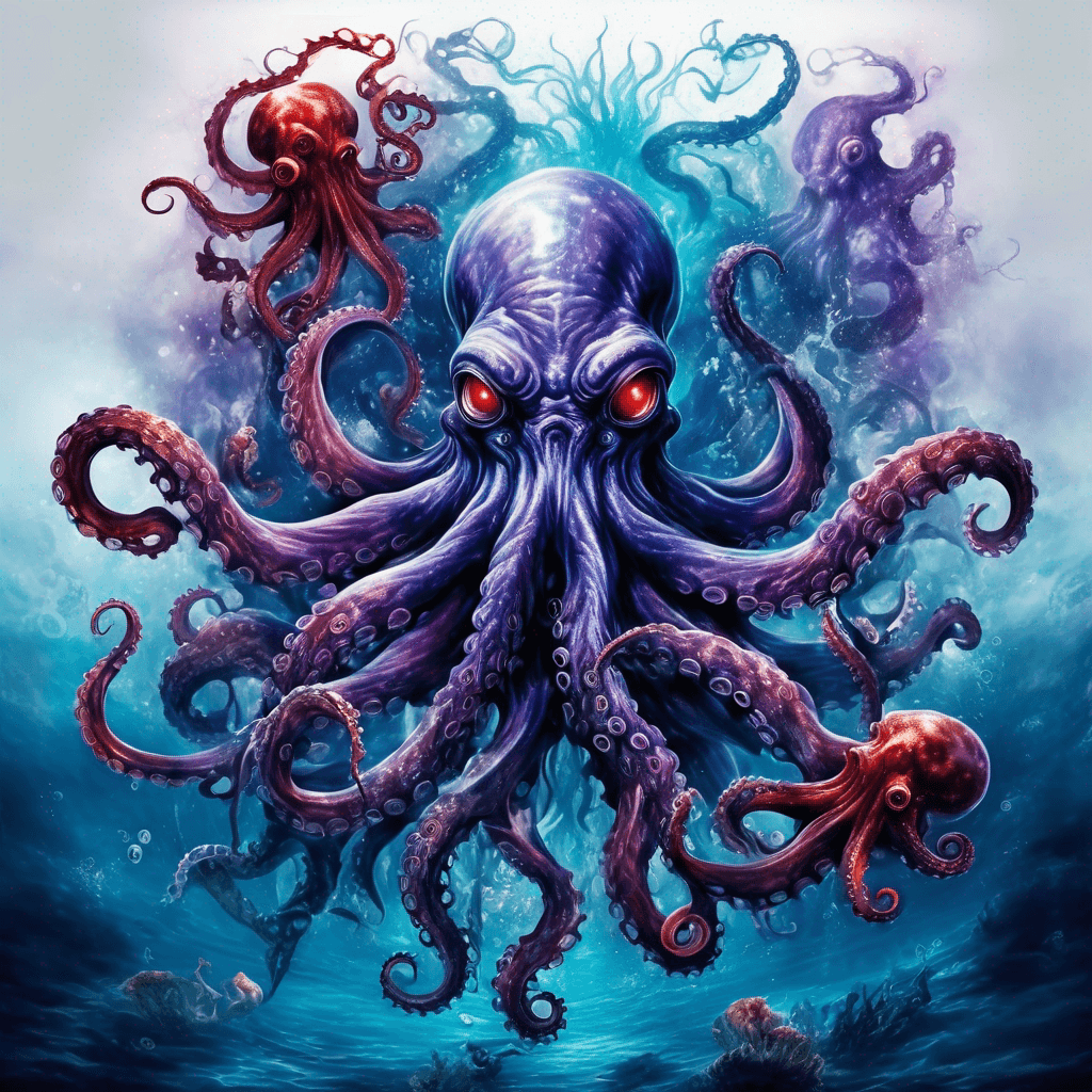 Make sure the Trident Spears in there 3POINTED Completely Underwater full Body of Neptune As a focal point fighting large octopus Cold octopus black blue and purple With red suction cups multicolor with Highlighting the trident spear