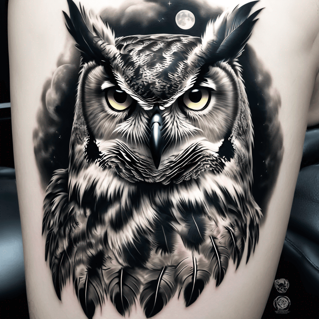Full-body great horned owl, vertical composition. Highly detailed layered feathers, intense forward gaze, large piercing eyes, hooked beak, sharp flaring ear tufts. Chest and wings rendered in fine-line feather detail with rich shading. The lower body dissolves into a double-exposure wilderness scene: a glowing full moon, silhouetted birds in flight, layered mountain peaks, dense pine forest framing both sides, and a winding river with rocks at the base. Dark, majestic, gothic naturalist mood.
