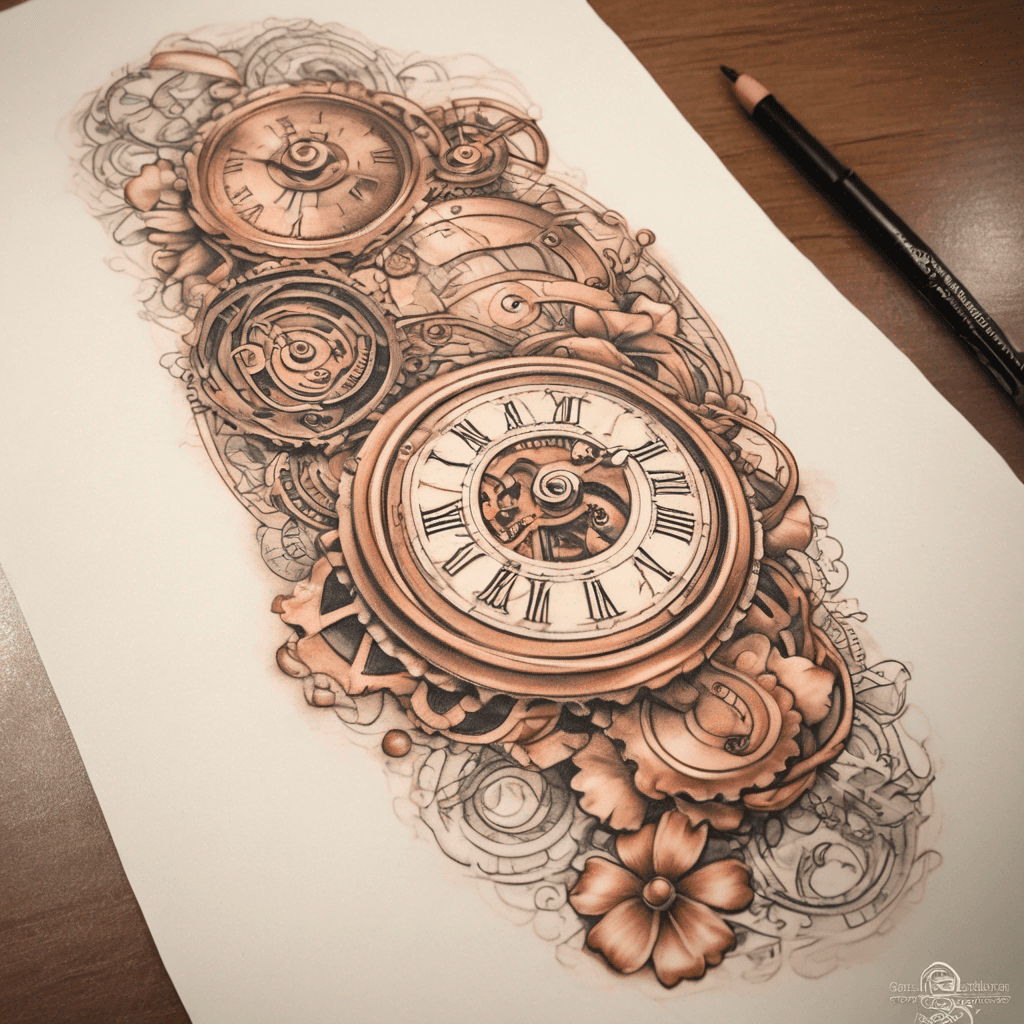 Whimsical steampunk tattoo design for female inner forearm. Interlocking gears, mechanical vines, delicate clockwork, subtle hidden infinity motif, vintage brass and copper appearance, inventive and optimistic aesthetic. Elegant movement throughout the design. More curiosity and creativity than industrial machinery. Clean professional tattoo design with strong readability from a distance. No spikes, no skulls, no dark gothic themes, no heavy black masses, no intimidating imagery. approximate size 2''x5''''