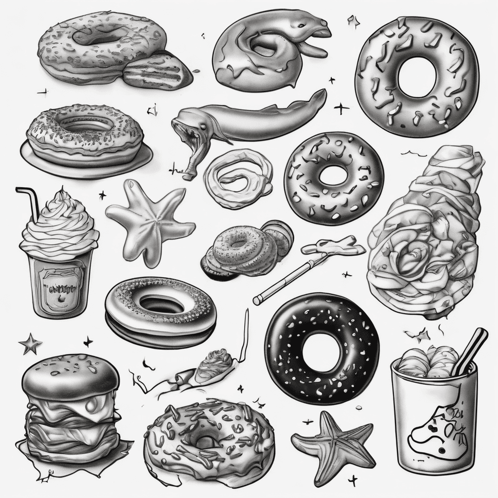 Black and grey neo-traditional tattoo flash sheet, several SEPARATE individual designs spaced apart on white, NOT one combined scene, NOT a person: 1) a starfish character playing a trombone with a speech bubble "Is mayonnaise an instrument?"; 2) a glazed donut with frosting spelling "D'oh!"; 3) round 1970s sunglasses with a small bird smoking a joint; 4) a pentagram circle symbol with a staff through the center. Each design separate with white space between, high detail.