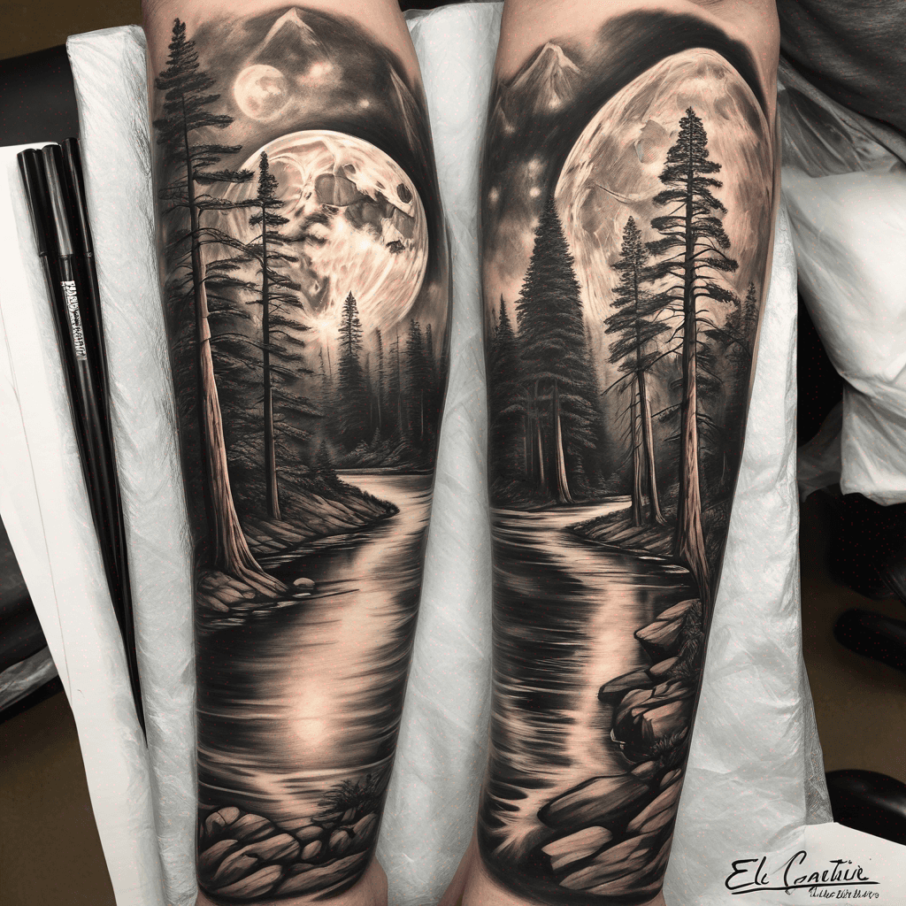 Full sleeve. Nature type design including a river, giant redwood trees, El Capitan and mountains in the background. There should also be shown two human figures that are not detailed, and the background sky is a full moon that transitions to space.