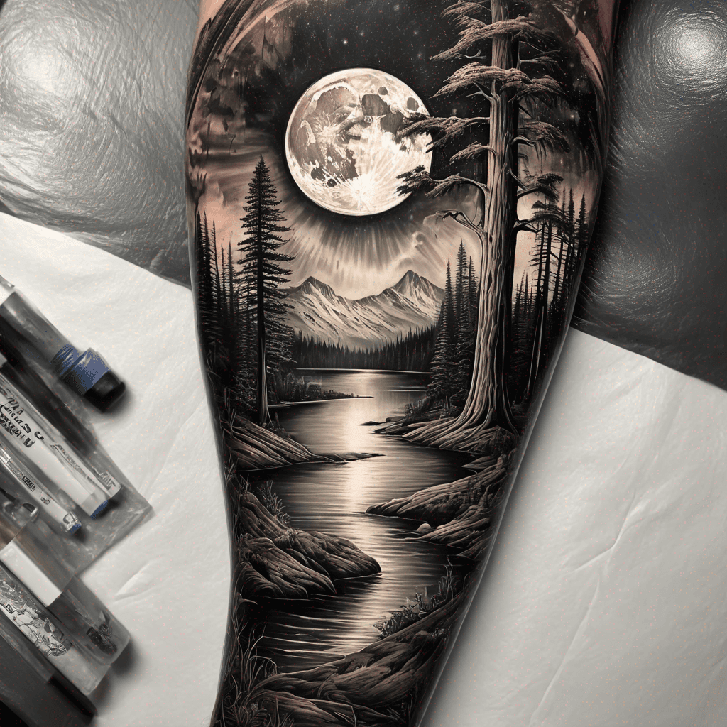 Full sleeve. Nature type design including a river, giant redwood trees, El Capitan and mountains in the background. There should also be shown two human figures that are not detailed, and the background sky is a full moon that transitions to space.