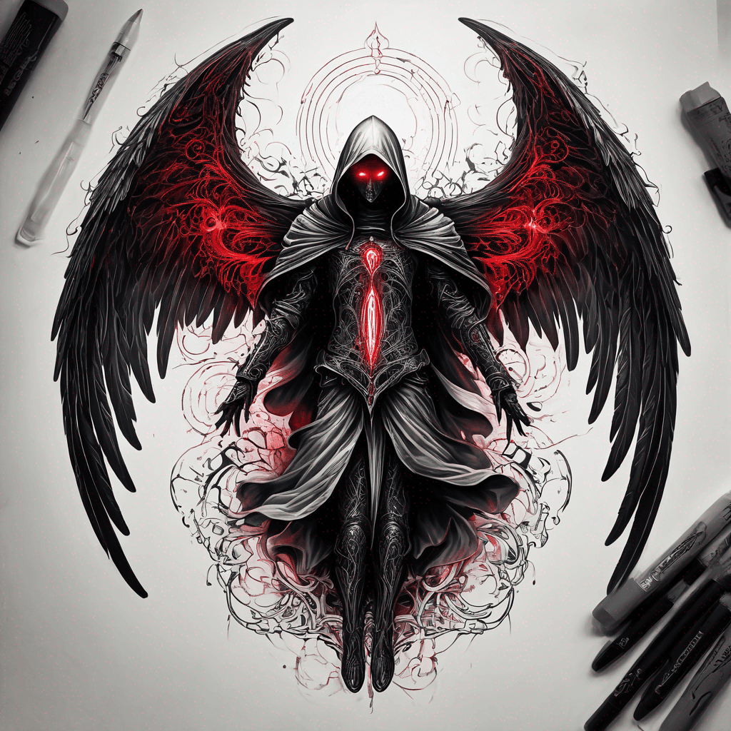 Hooded fallen angel levitating, glowing red eyes, ornate gothic armor & filigree, intricate dark wings, bold blackwork linework, high-contrast shading, full body including legs