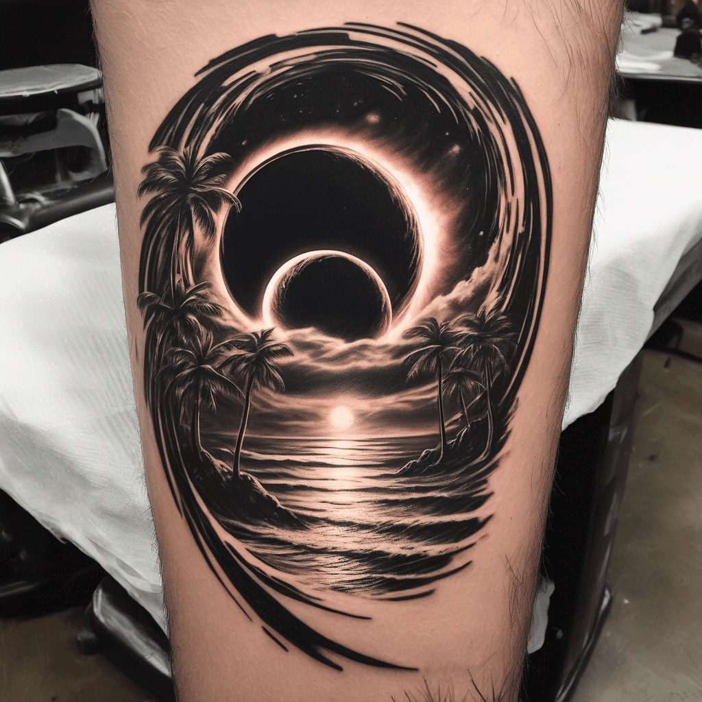 a black hole singularity on the horizon of a tropical beach, with palm trees getting rocked by a strong wind. the black hole should look like gargantua from interstellar or a similar black hole with a glowing accretion disc.