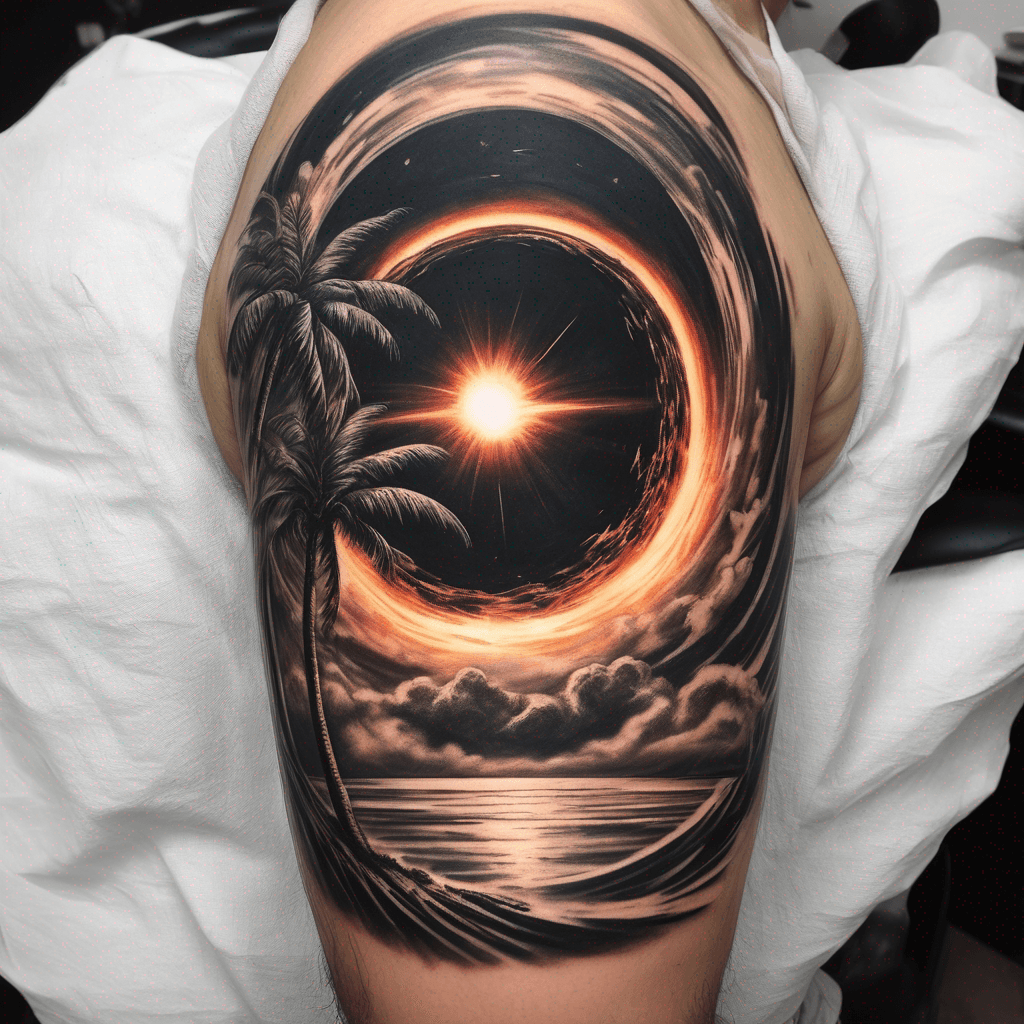 a black hole singularity on the horizon of a tropical beach, with palm trees getting rocked by a strong wind. the black hole should look like gargantua from interstellar or a similar black hole with a glowing accretion disc. the tattoo should be on the right upper arm
