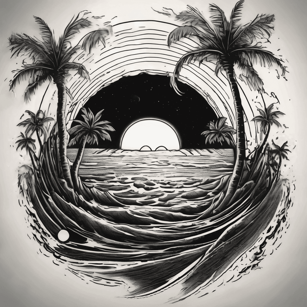 a black hole singularity on the horizon of a tropical beach, with palm trees getting rocked by a strong wind. the black hole should look like gargantua from interstellar or a similar black hole with a glowing accretion disc. the tattoo should be on the right upper arm
