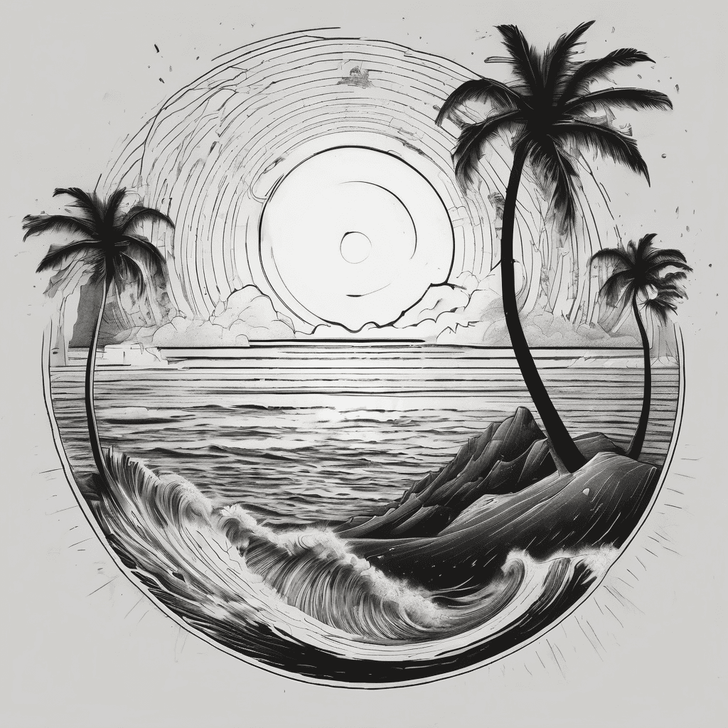 a black hole singularity on the horizon of a tropical beach, with palm trees getting rocked by a strong wind. the black hole should look like gargantua from interstellar or a similar black hole with a glowing accretion disc. the tattoo should be on the right upper arm