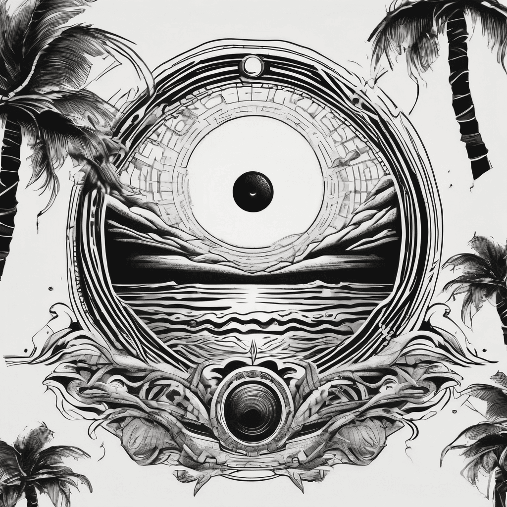 a black hole singularity with a glowing accretion disc on the horizon of a tropical beach, with palm trees getting rocked by a strong wind.