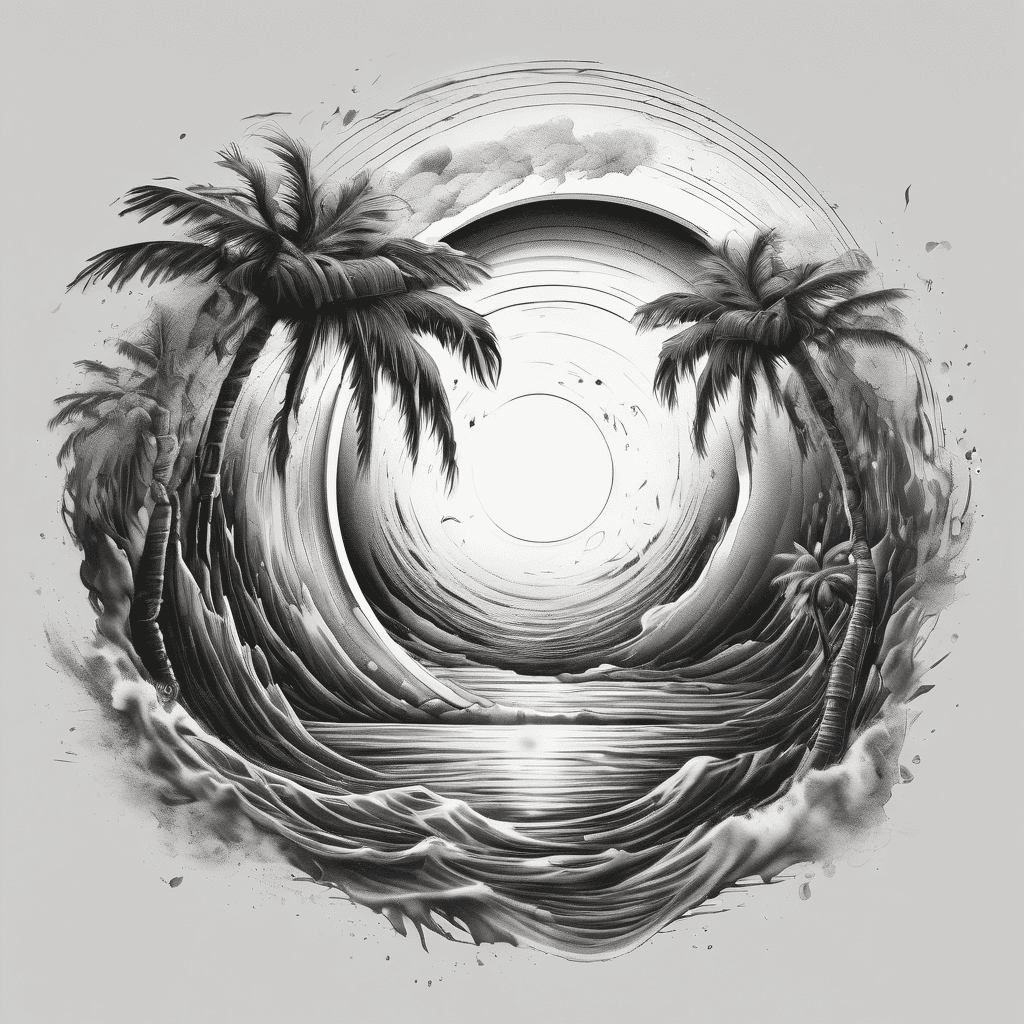 a black hole singularity with a glowing accretion disc on the horizon of a tropical beach, with palm trees getting rocked by a strong wind.
