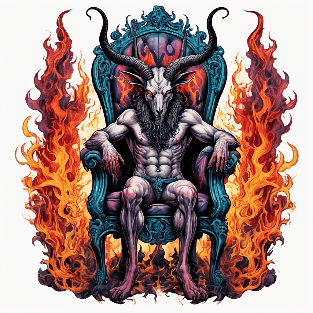 baphomet sitting in a kingdom chair with horns on flames, looks majestic and vibrant colour with bold lining