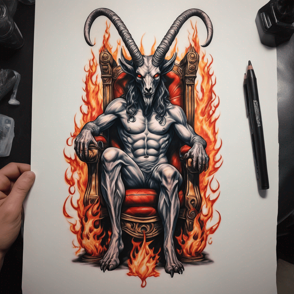 baphomet sitting in a kingdom chair with horns on flames, looks majestic and vibrant colour with bold lining