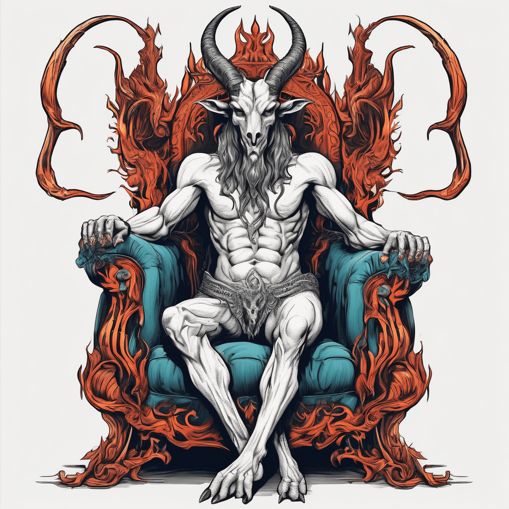 baphomet sitting in a kingdom chair with horns on flames, looks majestic and vibrant colour with bold lining