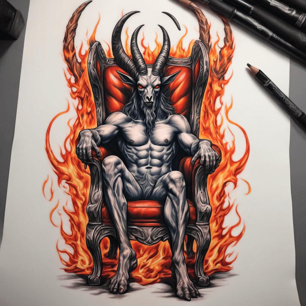 baphomet sitting in a kingdom chair with horns on flames, looks majestic and vibrant colour with bold lining