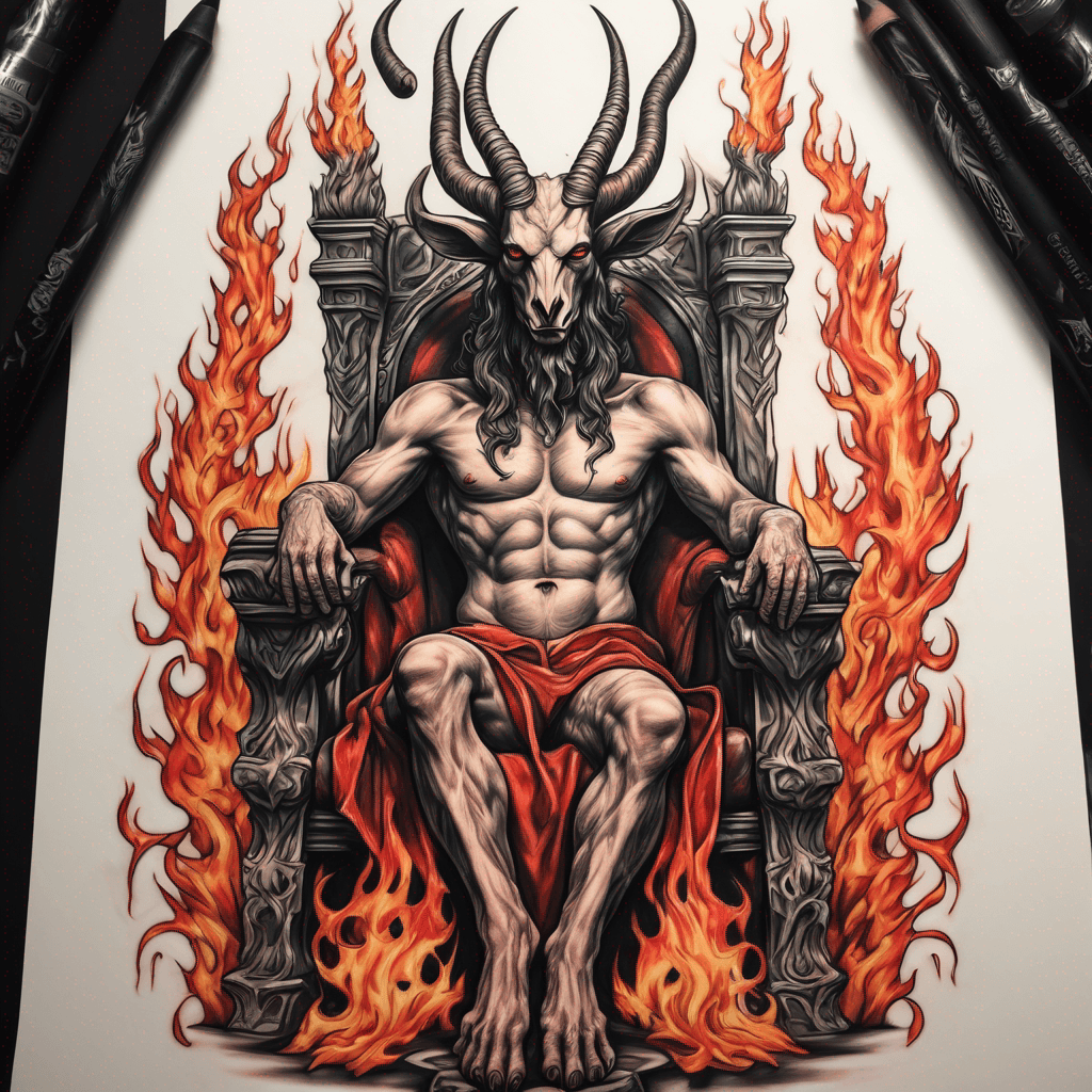 Majestic Baphomet seated on ornate throne, horns wreathed in stylized flames, vibrant neo-traditional colors, bold black linework, crisp shading