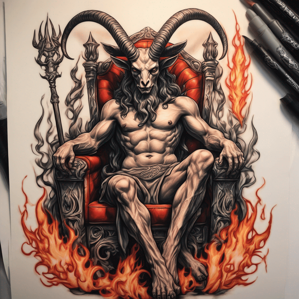 Majestic Baphomet seated on ornate throne, horns wreathed in stylized flames, vibrant neo-traditional colors, bold black linework, crisp shading