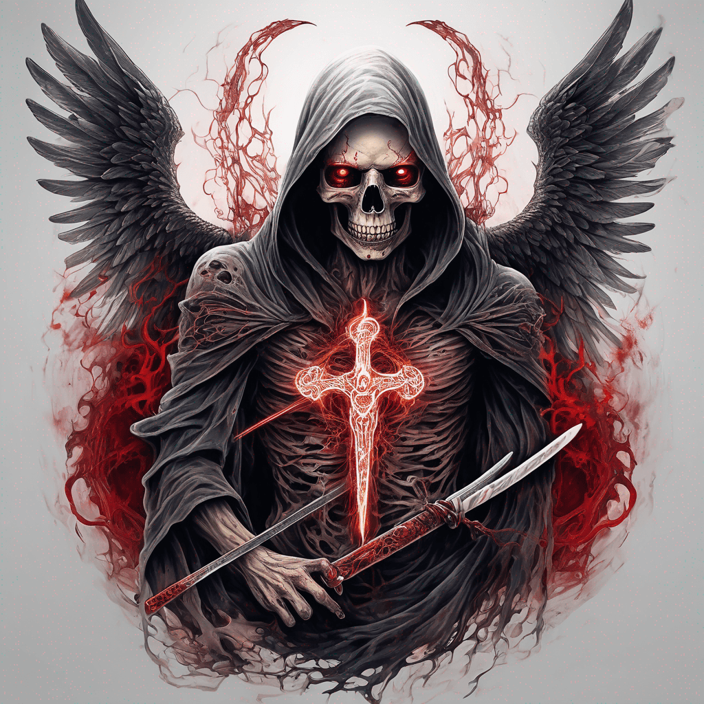 Irezumi-style fallen angel, hooded with glowing crimson eyes, tattered robes, rune-etched ancient katana radiating necromantic aura; bone wisps, skull