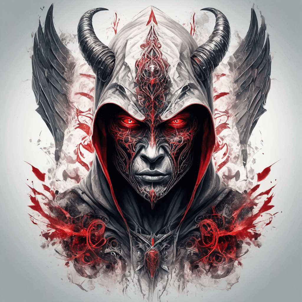 ancient devilish warrior with hood, red eyes, enchanted armour and ornament and wings