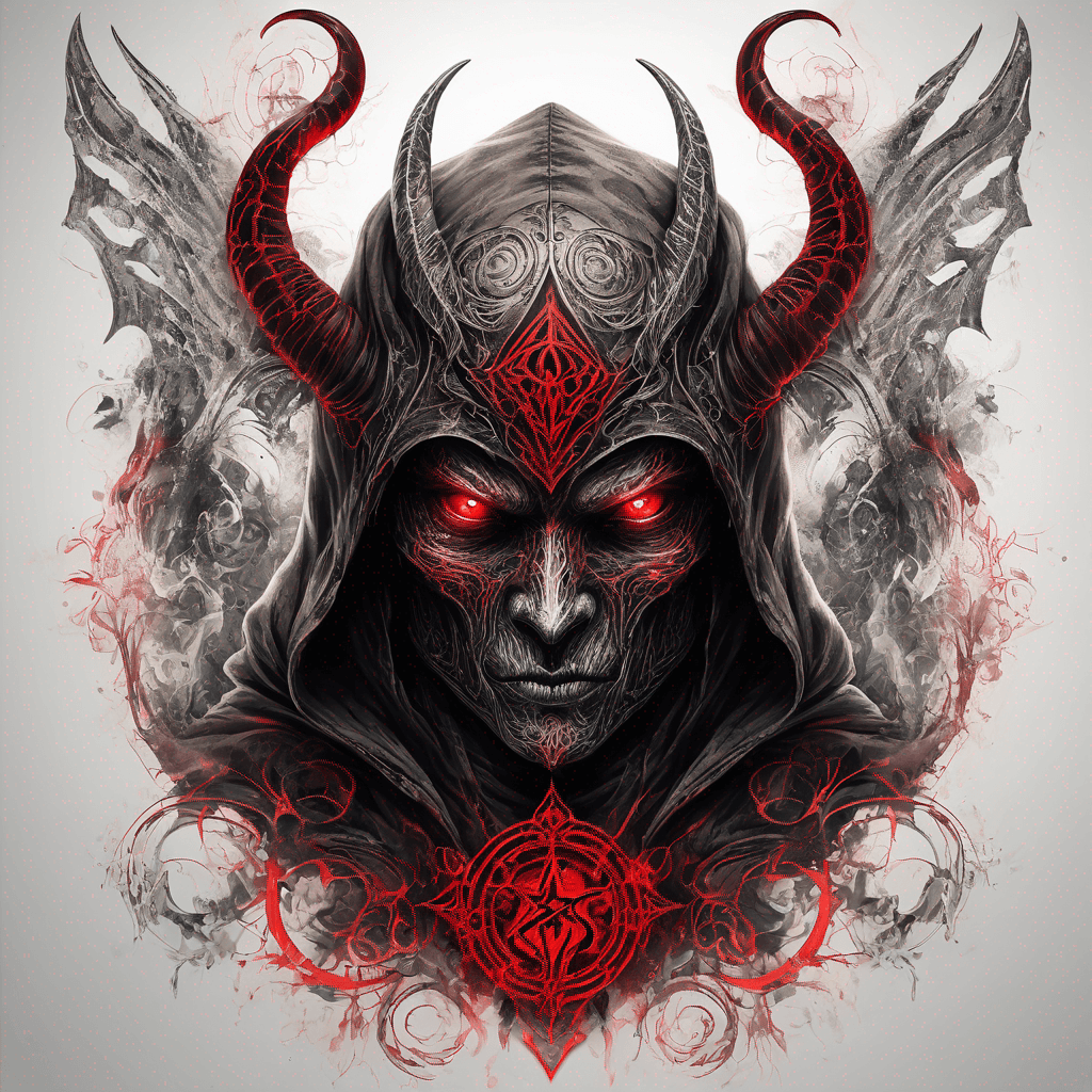 Hooded ancient devil-warrior standing glowing red eyes, rune-etched enchanted armor, ornate filigree, tattered demonic wings, blackwork with red accent