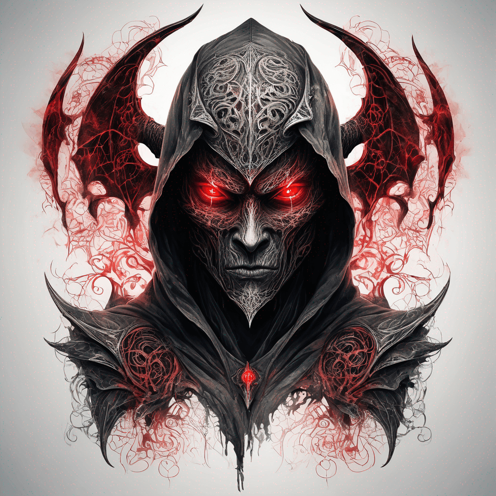 Hooded ancient devil-warrior standing glowing red eyes, rune-etched enchanted armor, ornate filigree, tattered demonic wings, blackwork with red accent