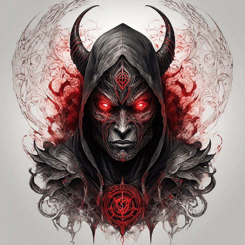 Hooded ancient devil-warrior standing glowing red eyes, rune-etched enchanted armor, ornate filigree, tattered demonic wings, blackwork with red accent