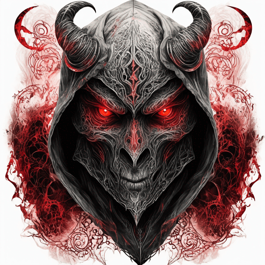 Hooded ancient devil-warrior standing glowing red eyes, rune-etched enchanted armor, ornate filigree, tattered demonic wings, blackwork with red accent