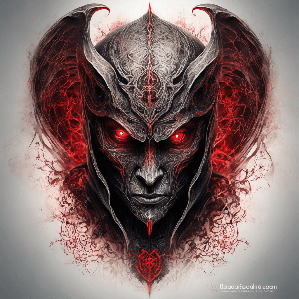 Hooded ancient devil-warrior standing glowing red eyes, rune-etched enchanted armor, ornate filigree, tattered demonic wings, blackwork with red accent