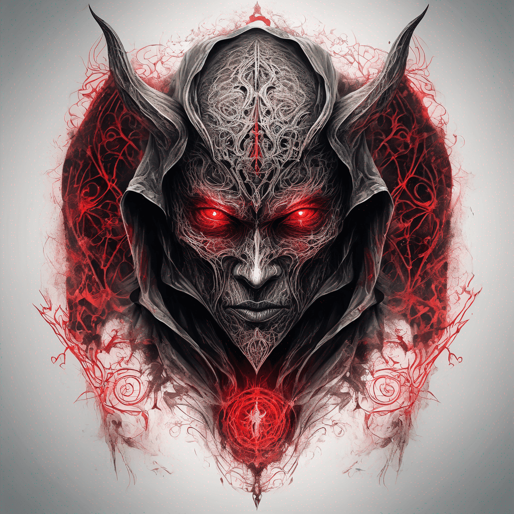 Hooded ancient devil-warrior standing glowing red eyes, rune-etched enchanted armor, ornate filigree, tattered demonic wings, blackwork with red accent