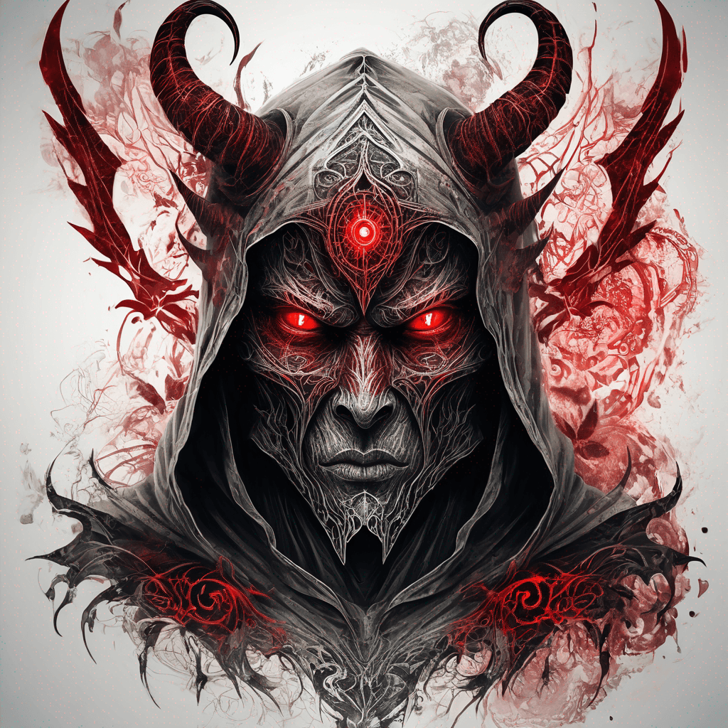 Hooded ancient devil-warrior standing glowing red eyes, rune-etched enchanted armor, ornate filigree, tattered demonic wings, blackwork with red accent