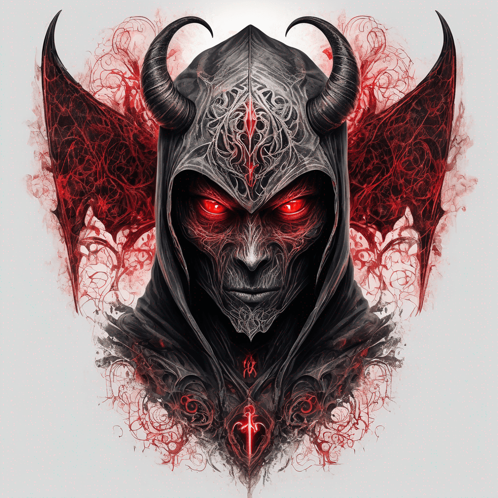 Hooded ancient devil-warrior standing glowing red eyes, rune-etched enchanted armor, ornate filigree, tattered demonic wings, blackwork with red accent
