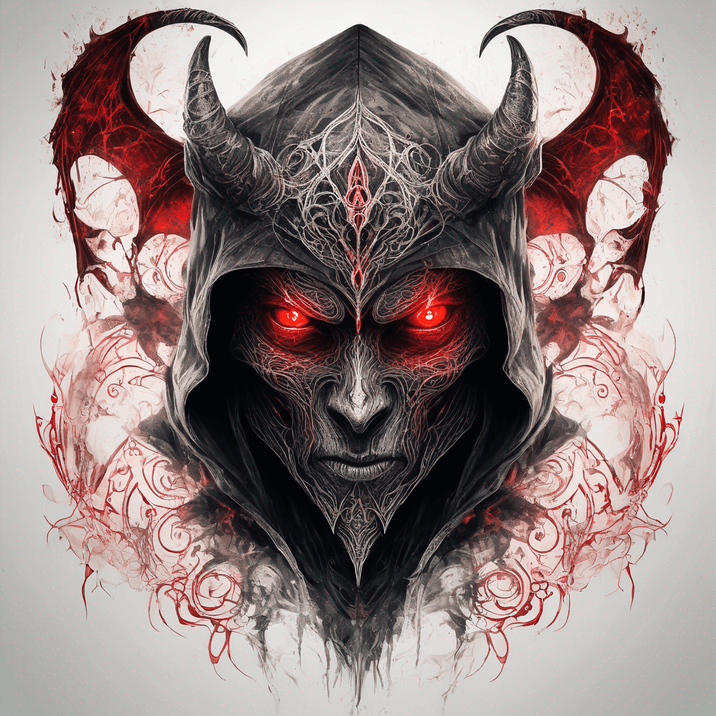 Hooded ancient devil-warrior standing glowing red eyes, rune-etched enchanted armor, ornate filigree, tattered demonic wings, blackwork with red accent