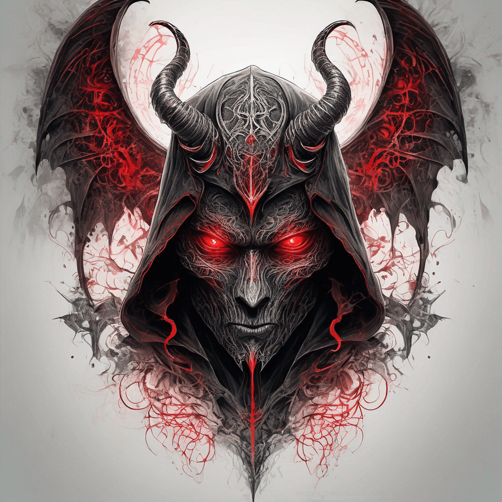 Hooded ancient devil-warrior standing glowing red eyes, rune-etched enchanted armor, ornate filigree, tattered demonic wings, blackwork with red accent