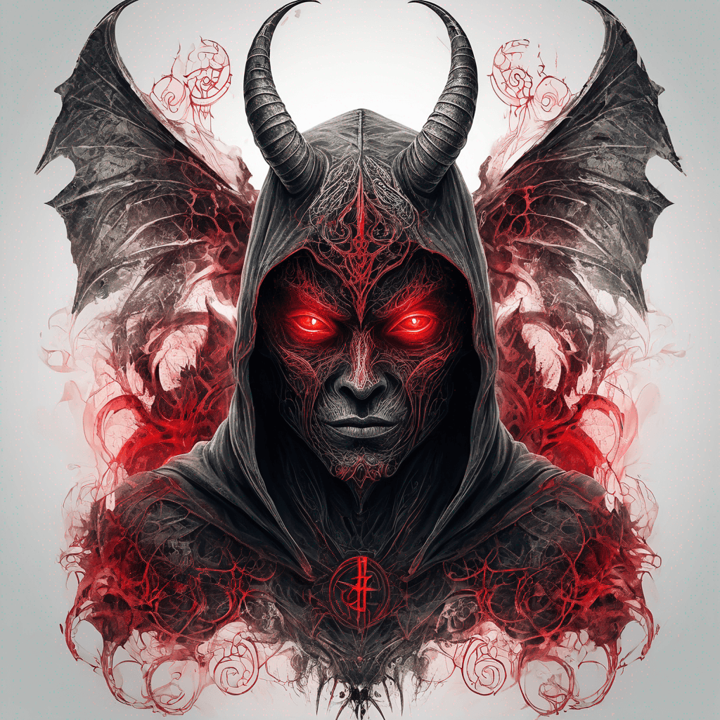 Hooded ancient devil-warrior standing glowing red eyes, rune-etched enchanted armor, ornate filigree, tattered demonic wings, blackwork with red accent