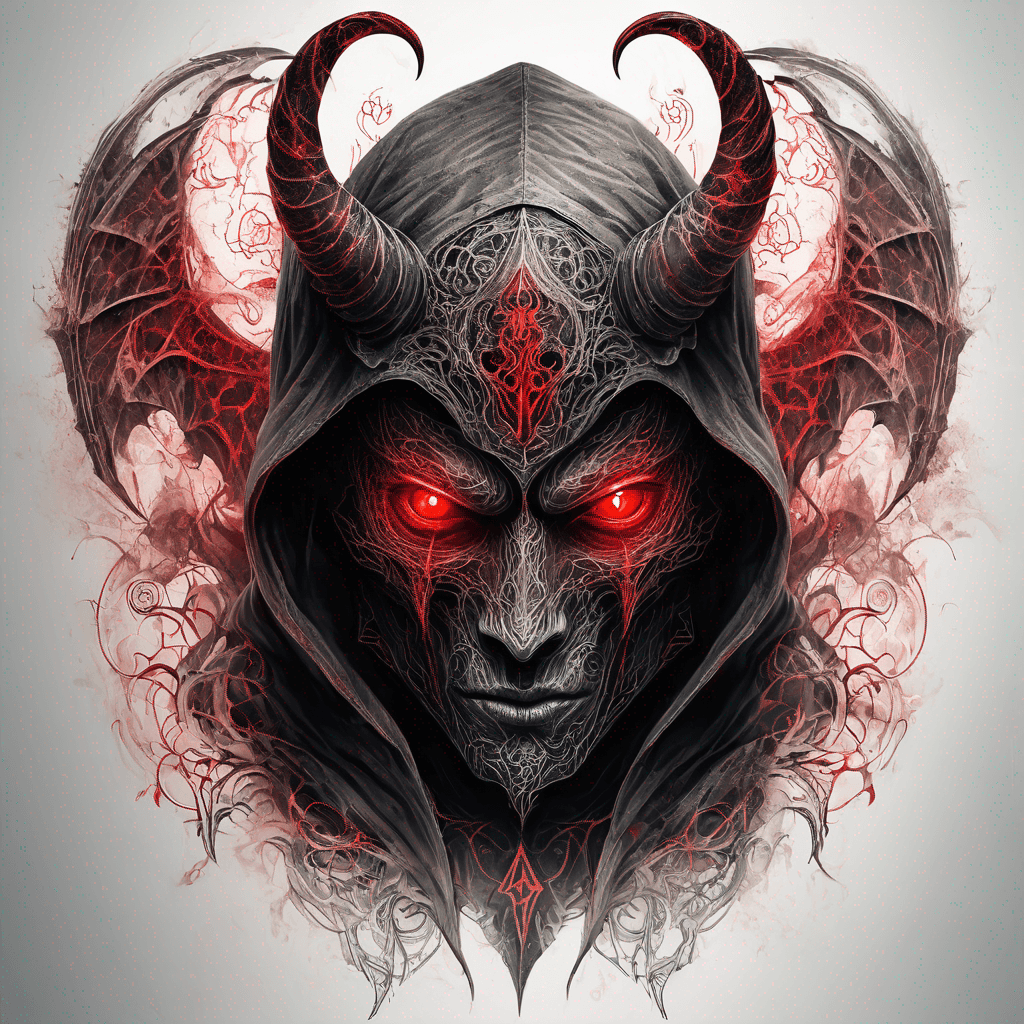 Hooded ancient devil-warrior standing glowing red eyes, rune-etched enchanted armor, ornate filigree, tattered demonic wings, blackwork with red accent