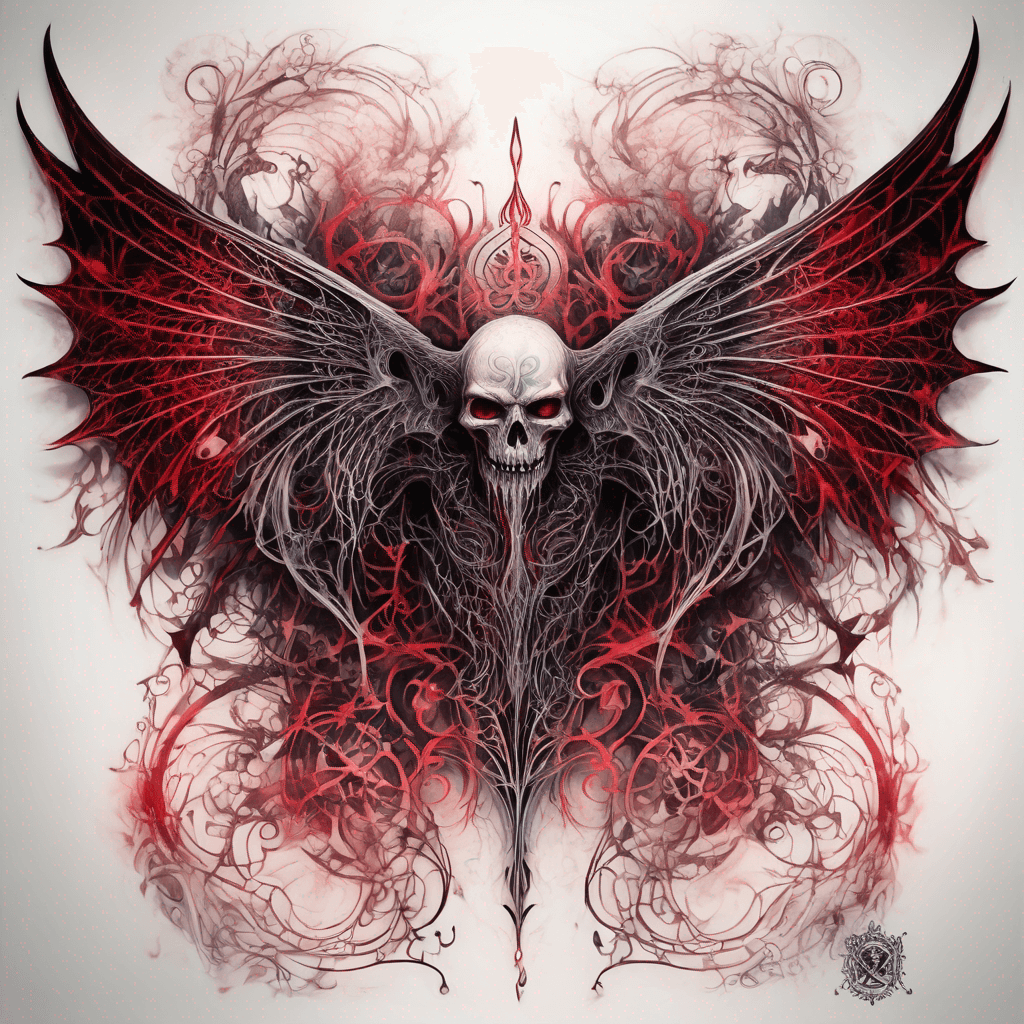 Intricate demonic wings with enchanted runes and filigree, barbed edges, fine-line blackwork, high-contrast shading, subtle crimson glow, symmetrical design