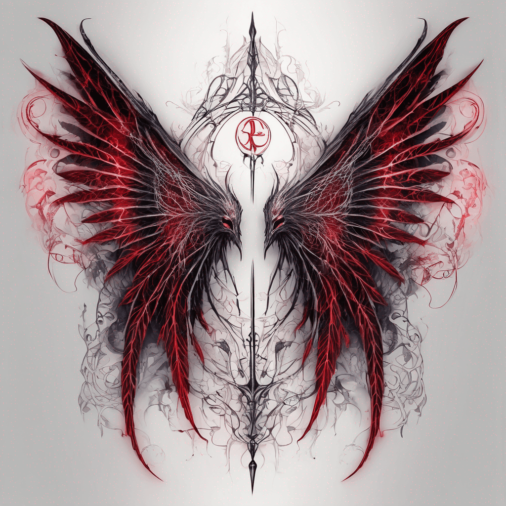 Intricate demonic wings with enchanted runes and filigree, barbed edges, fine-line blackwork, high-contrast shading, subtle crimson glow, symmetrical design