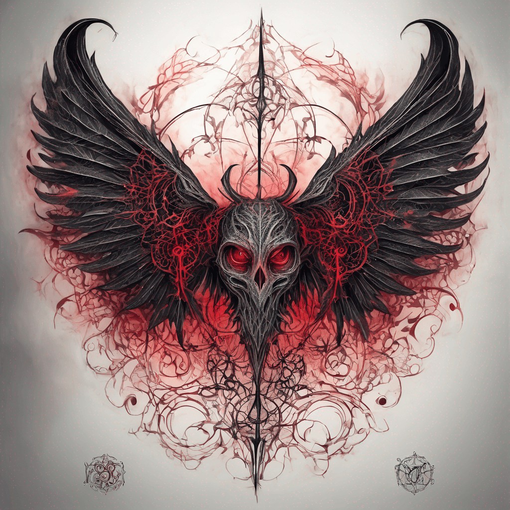 Intricate demonic wings with enchanted runes and filigree, barbed edges, fine-line blackwork, high-contrast shading, subtle crimson glow, symmetrical design