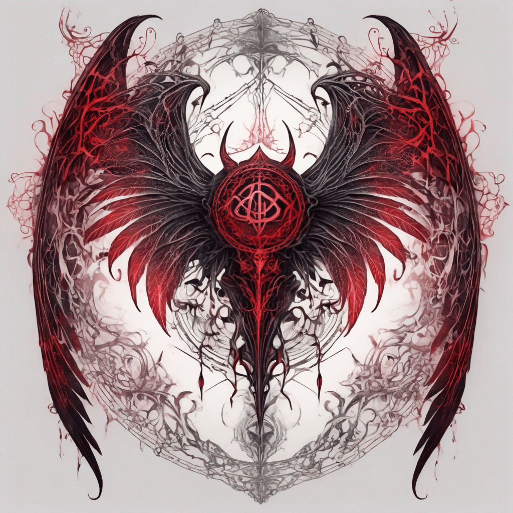 Intricate demonic wings with enchanted runes and filigree, barbed edges, fine-line blackwork, high-contrast shading, subtle crimson glow, symmetrical design