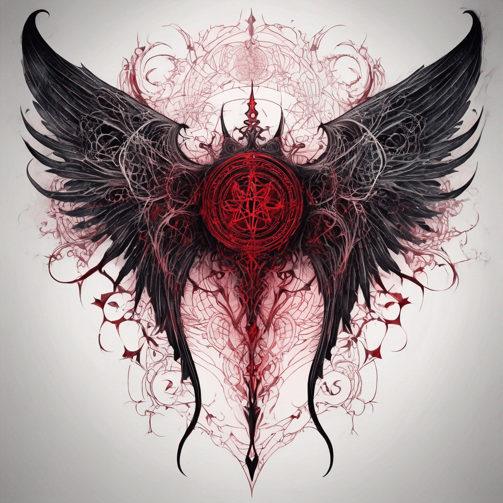 Intricate demonic wings with enchanted runes and filigree, barbed edges, fine-line blackwork, high-contrast shading, subtle crimson glow, symmetrical design