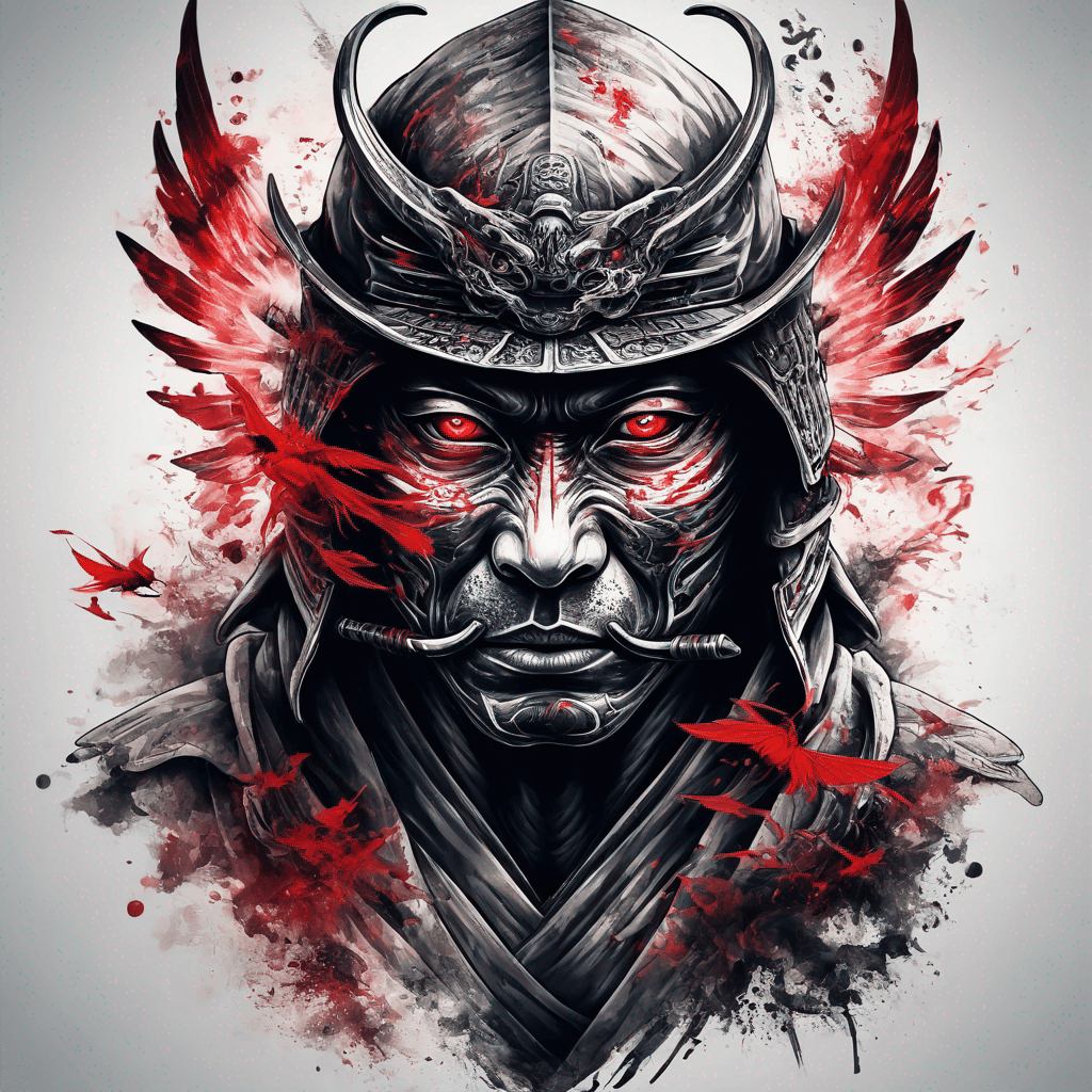 samurai feudal era with immersive background. a samurai with wings and hooded with red eyes