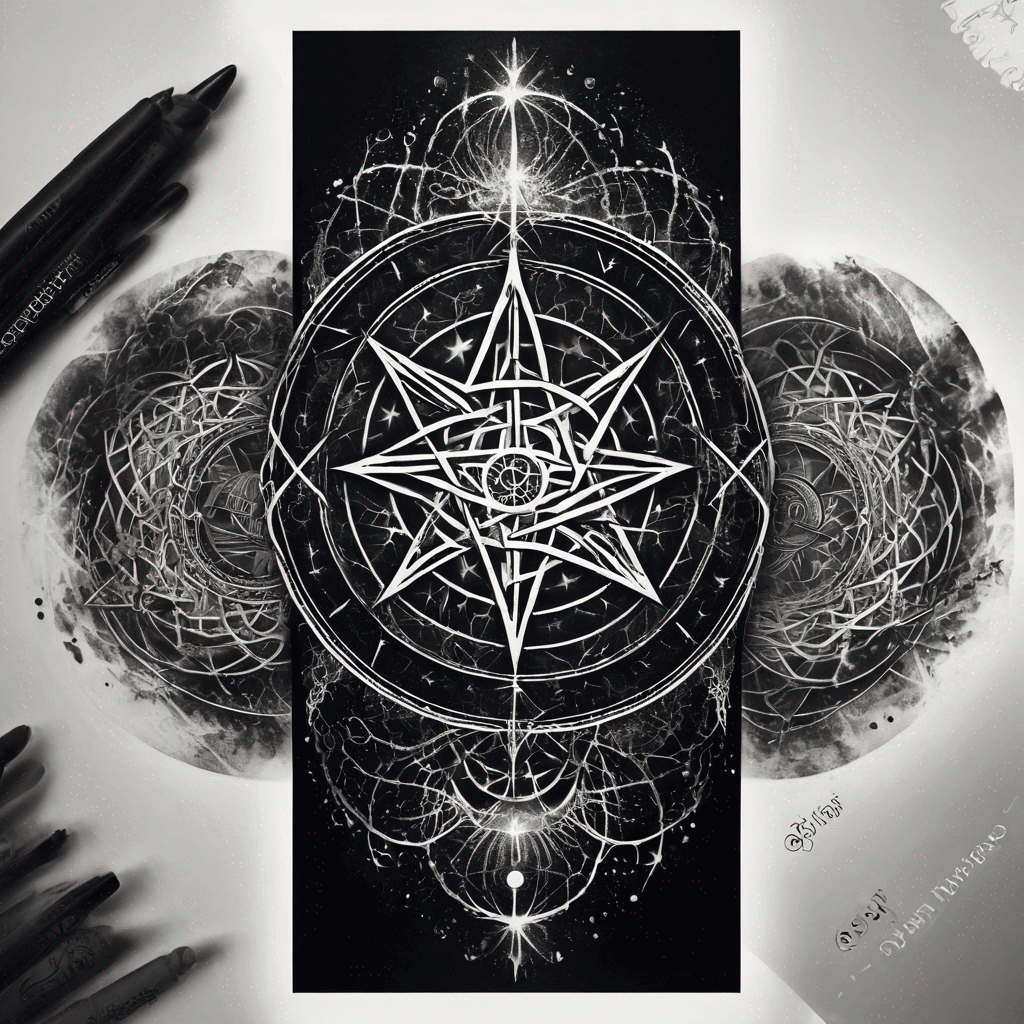 Forearm tattoo: arcing Goetic sigils in crisp black linework, fine dotwork shading, balanced negative space, symmetrical layout, 6–8 sigils.