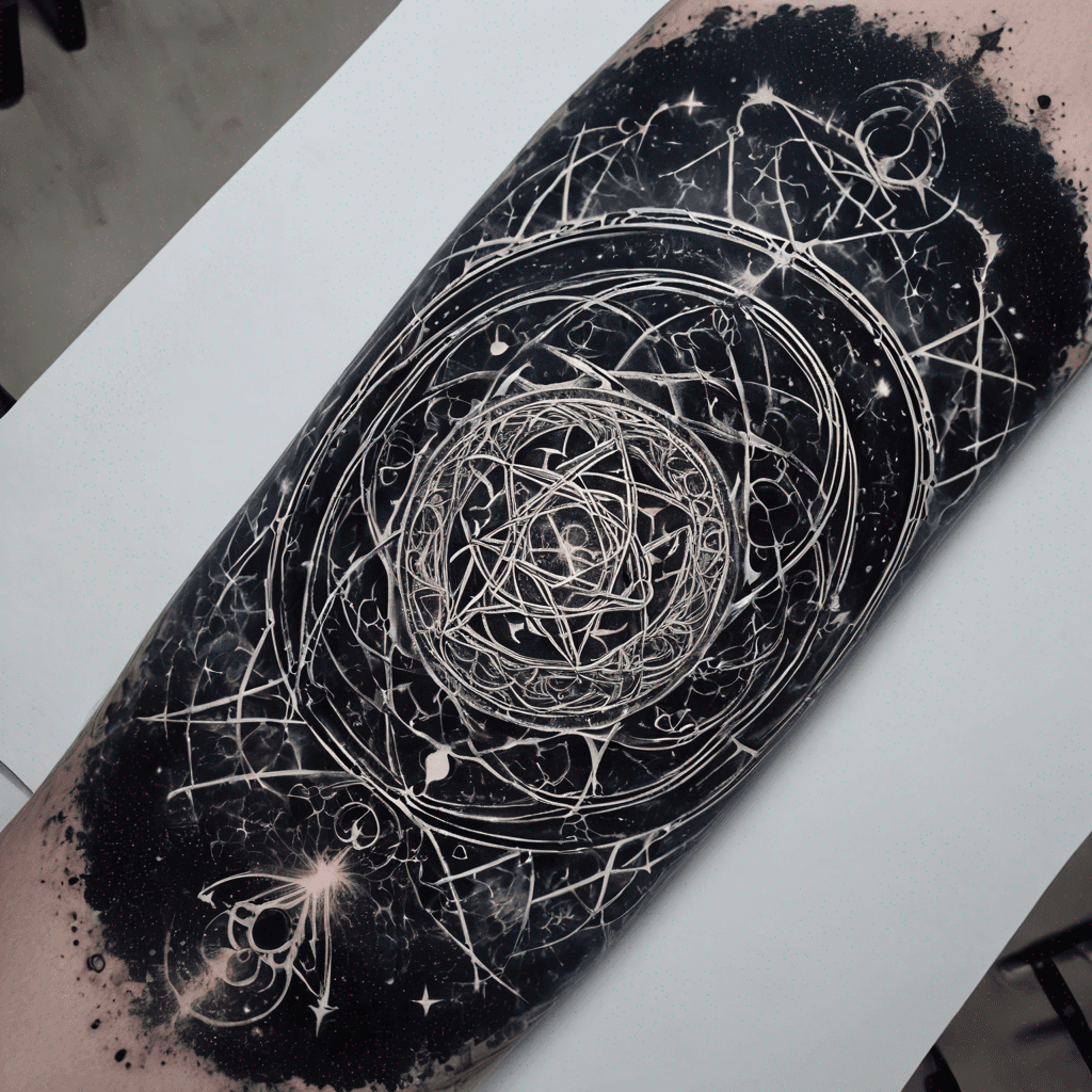 Forearm tattoo: arcing Goetic sigils in crisp black linework, fine dotwork shading, balanced negative space, symmetrical layout, 6–8 sigils.