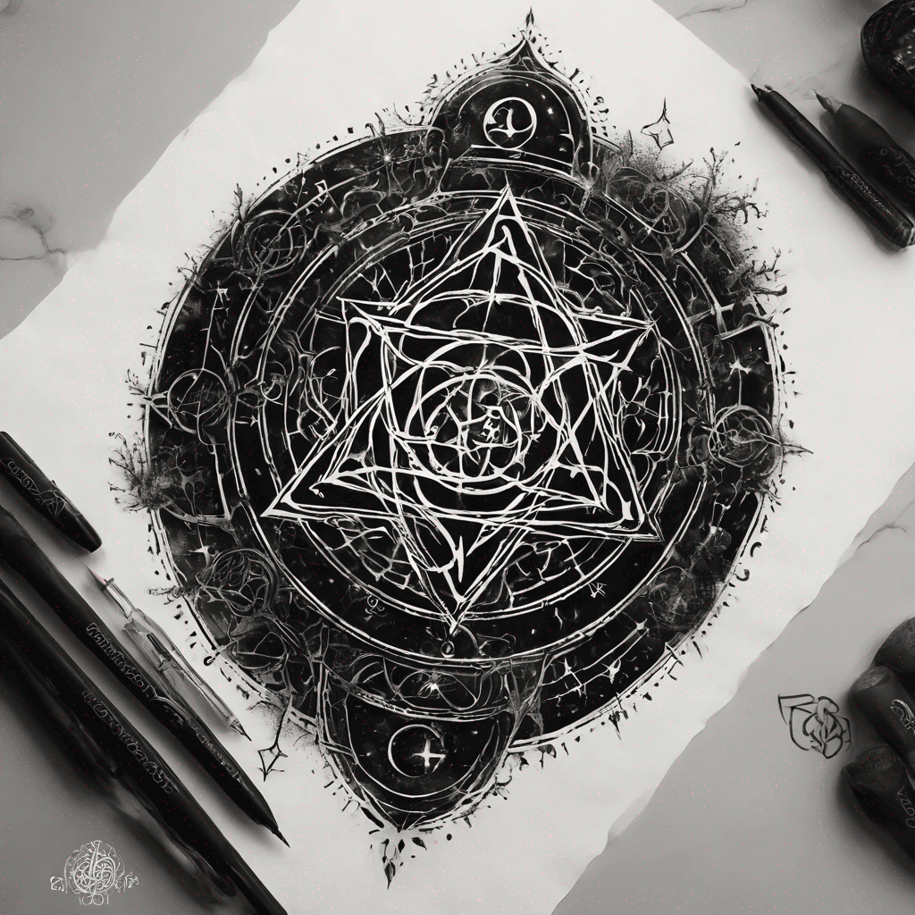 Forearm tattoo: arcing Goetic sigils in crisp black linework, fine dotwork shading, balanced negative space, symmetrical layout, 6–8 sigils.
