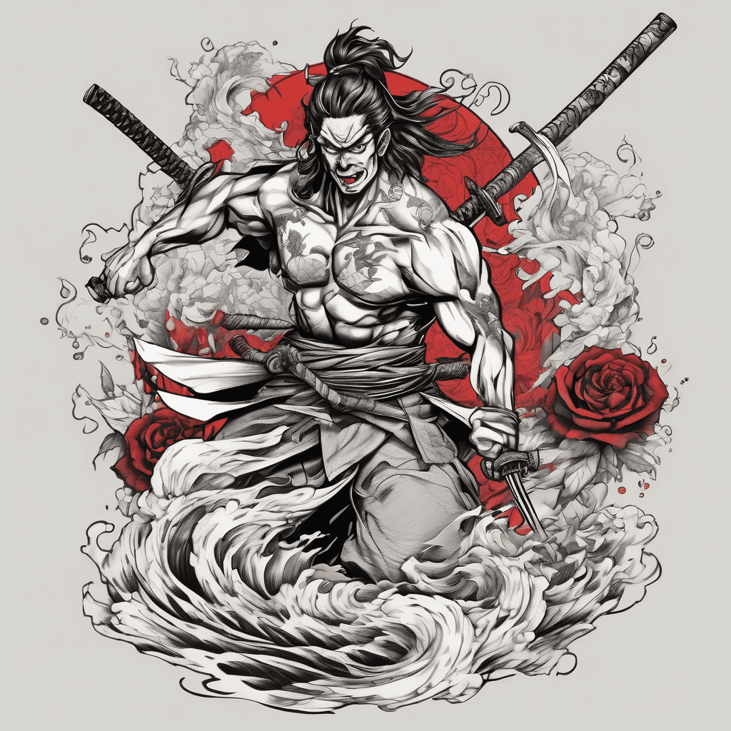 Anime-style Demon Slayer samurai, dynamic mid-action with katana, wind/water motifs, bold black lines, indigo & crimson accents, fine dot shading