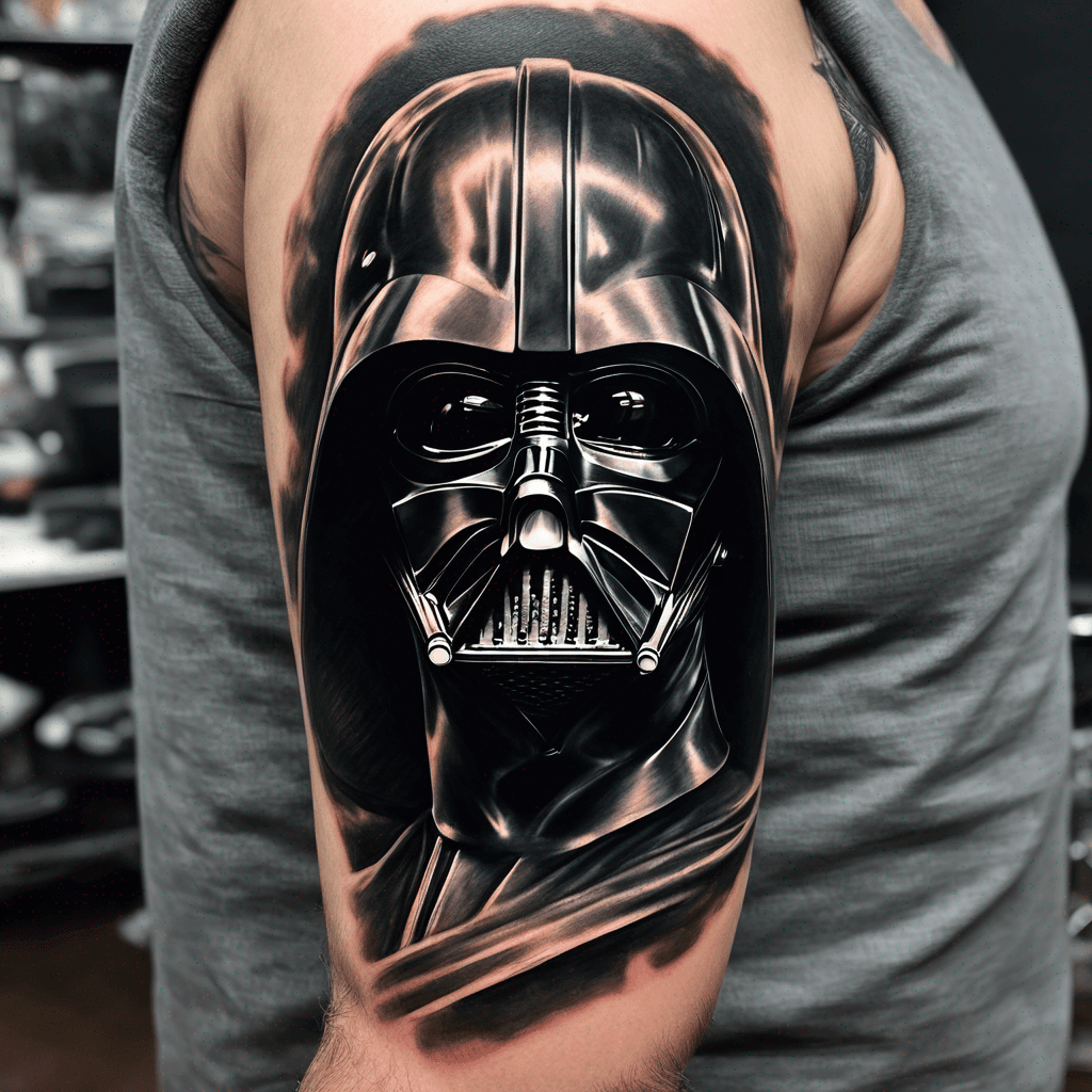 Right arm sleeve featuring Darth Vaders head on the shoulder and Luke skywalker on the forearm