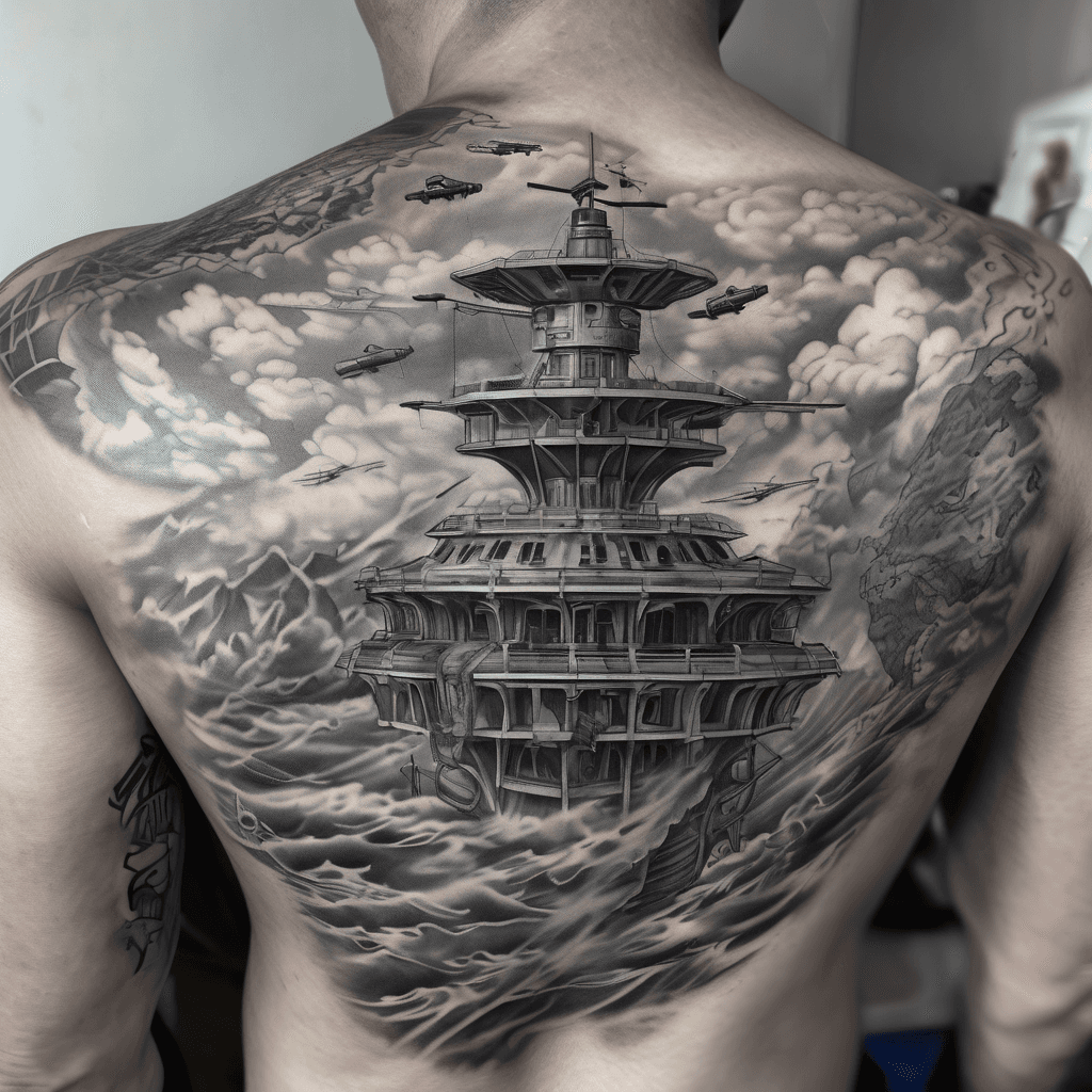Sleeve, black-grey realism: map base, brass compass upper arm; A-10 banking w/ GAU-8 & vapor integrated in clouds; P-51 chest; compass+coords.