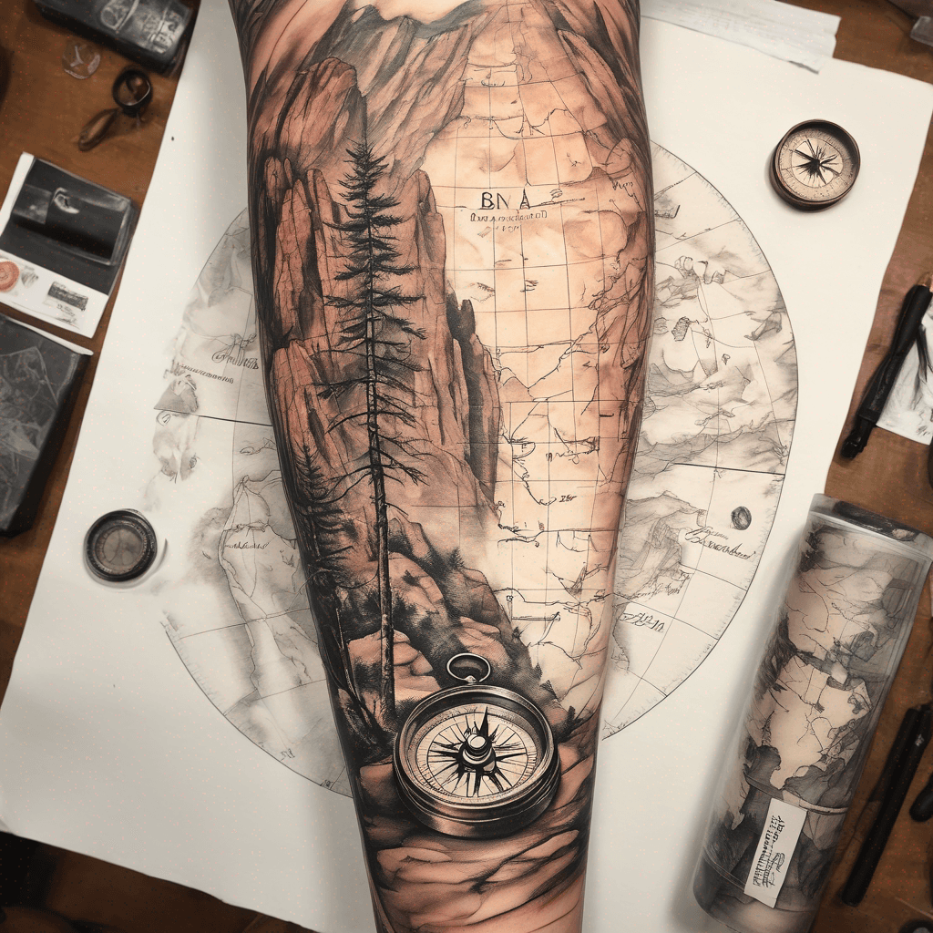BG realism full leg sleeve: continuous antique explorer map; thigh engraved compass; dotted route w/pins & stamps; GA pines/peaches; AZ saguaros/red rocks; hidden aircraft; calf world map; photoreal