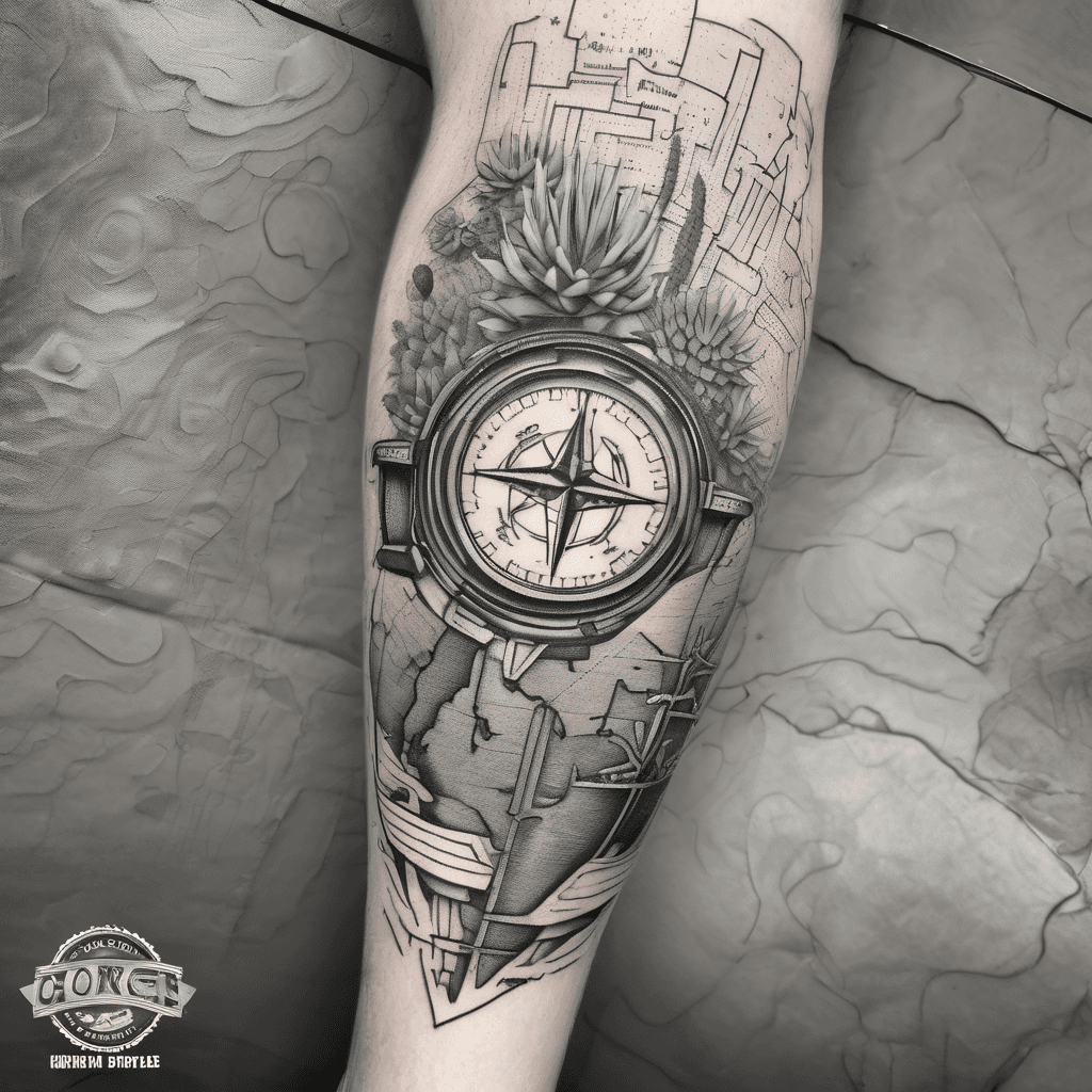 Leg sleeve: explorer map base with compass & contour lines, A-10 and KC135 refuel over desert cacti, vintage texture, bold lines, dotwork.