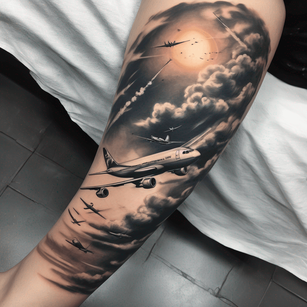 Dawn-to-dusk leg sleeve: layered sky gradient with vintage and modern planes weaving through billowing clouds and contrails forming constellations.