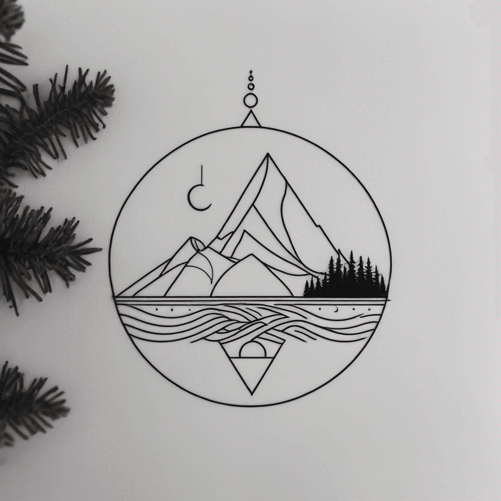 Fine line tattoo, delicate circular compass design with two thin concentric ring outlines, at the top of the outer ring a small pine tree pointing outward, at the bottom a small triangular mountain peak, at the left a single ocean wave, at the right a thin crescent moon, in the center a small elegant four-point north star with thin radiating lines, two tiny minimalist sitting cat silhouettes placed symmetrically at the bottom outside the circle as small accents, thin precise hairline strokes, lots of negative space, stencil-friendly, symmetric, elegant, minimalist