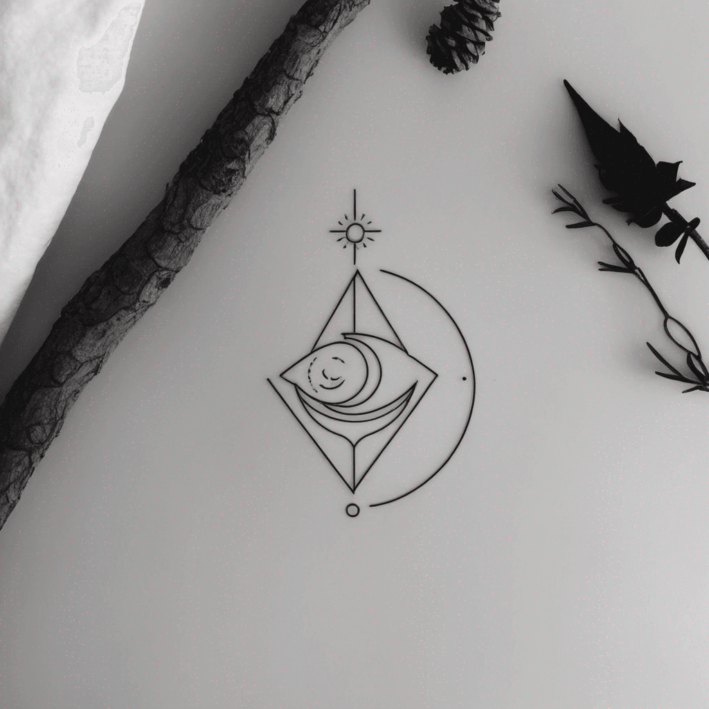 Fine line tattoo, delicate circular compass design with two thin concentric ring outlines, at the top of the outer ring a small pine tree pointing outward, at the bottom a small triangular mountain peak, at the left a single ocean wave, at the right a thin crescent moon, in the center a small elegant four-point north star with thin radiating lines, two tiny minimalist sitting cat silhouettes placed symmetrically at the bottom outside the circle as small accents, thin precise hairline strokes, lots of negative space, stencil-friendly, symmetric, elegant, minimalist